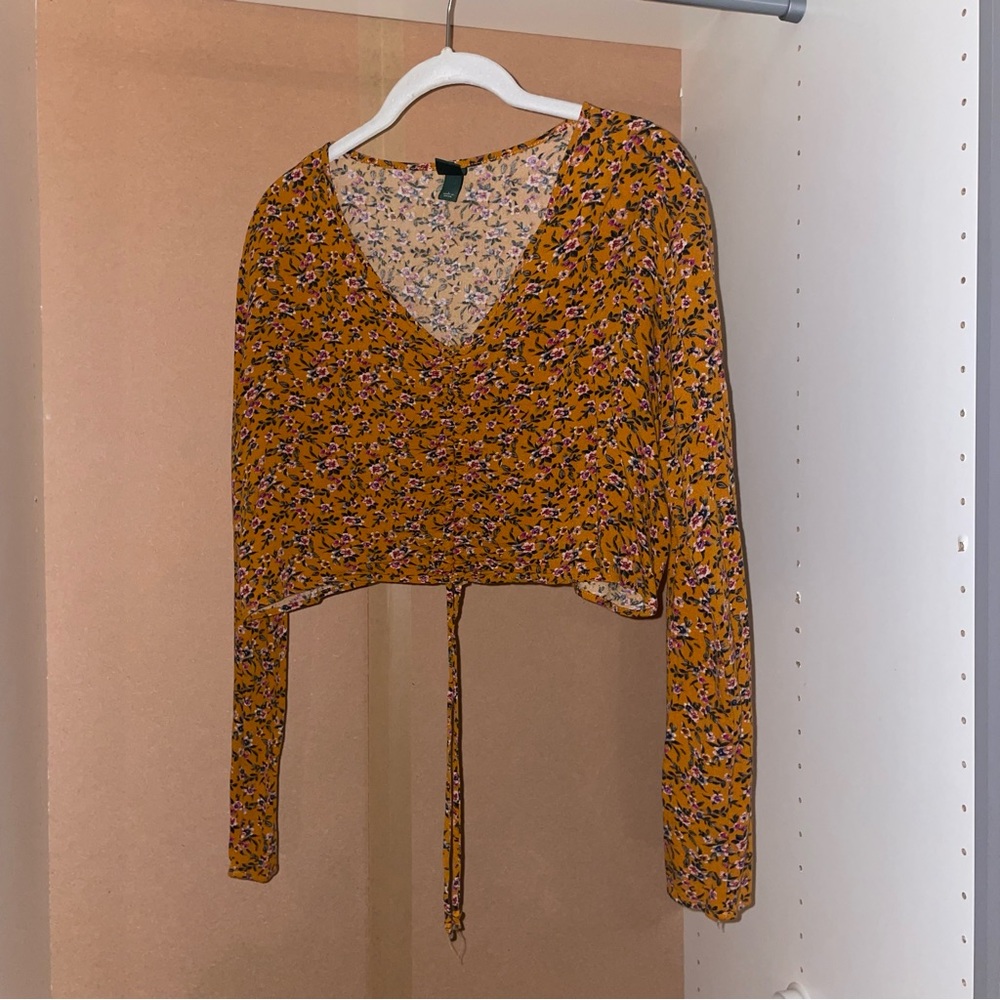 Burnt Orange Floral Print Long Sleeve Crop Top With Ruching